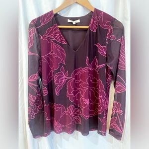 NWOT Women’s Medium Les Serein floral mesh top with sheer sleeves.